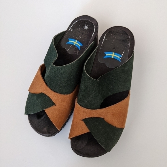 VINTAGE Swedish clogs leather suede platform boho bohemian hippie 38 /7 - Picture 1 of 10